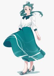 Rule 34 | 1girl, alternate costume, bad id, bad twitter id, blouse, full body, green eyes, green hair, green skirt, grey background, grey footwear, highres, irako (kancolle), kantai collection, long hair, long skirt, long sleeves, looking at viewer, ojipon, ponytail, shirt, simple background, skirt, smile, solo, standing, white shirt