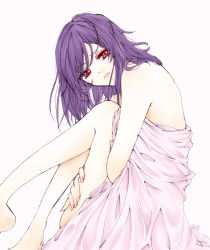 Rule 34 | 00s, 1boy, androgynous, bed sheet, colored skin, covering privates, gender request, gundam, gundam 00, looking at viewer, male focus, naked sheet, purple hair, red eyes, short hair, simple background, solo, tieria erde, white skin