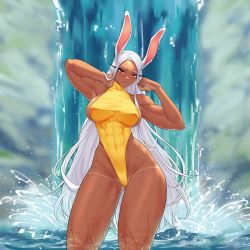 Rule 34 | 1girl, abs, animal ear fluff, animal ears, armpits, bikini tan, boku no hero academia, breasts, cameltoe, dark-skinned female, dark skin, flexing, gabriel carrasquillo, half-closed eyes, halterneck, head tilt, highres, large breasts, leotard, leotard under clothes, long hair, looking at viewer, mirko, muscular, muscular female, one-piece swimsuit, rabbit ears, rabbit girl, red eyes, sideboob, skin tight, solo, swimsuit, tan, tanline, thick thighs, thighs, turtleneck, turtleneck one-piece swimsuit, very long hair, water, waterfall, wet, white hair, yellow one-piece swimsuit