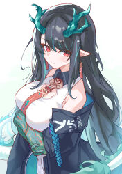 Rule 34 | 1girl, absurdres, aqua hair, aqua horns, aqua tail, arknights, arms under breasts, bare shoulders, black hair, black jacket, breasts, chinese commentary, cleavage cutout, closed mouth, clothing cutout, colored extremities, commentary request, cowboy shot, crossed arms, dragon girl, dragon horns, dragon tail, dress, dusk (arknights), earrings, eyes visible through hair, highres, horns, jacket, jewelry, lolifreak, long hair, looking at viewer, medium breasts, multicolored hair, necktie, off shoulder, open clothes, open jacket, paid reward available, pointy ears, red eyes, red necktie, sidelocks, sleeveless, sleeveless dress, solo, split mouth, standing, streaked hair, tail, two-sided fabric, two-sided jacket, white dress, white tail