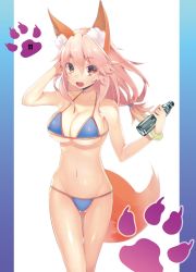 Rule 34 | 10s, 1girl, 5jack, adjusting hair, animal ears, arm up, bad id, bad pixiv id, bare arms, bare shoulders, bikini, blue bikini, blush, bottle, bracr:d, breasts, brown eyes, cleavage, collarbone, cowboy shot, fang, fate/extra, fate/extra ccc, fate (series), fox ears, fox tail, gluteal fold, hair between eyes, hand in own hair, holding, holding bottle, long hair, looking at viewer, low-tied long hair, medium breasts, open mouth, pillarboxed, pink hair, sidelocks, solo, standing, string bikini, swimsuit, tail, tamamo (fate), tamamo no mae (fate/extra), tamamo no mae (swimsuit lancer) (fate), thigh gap, thighs