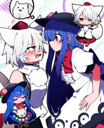 Rule 34 | 2girls, absurdres, animal ears, black headwear, black skirt, blue hair, blue skirt, blush, boots, bow, bowtie, brown footwear, buttons, center frills, closed eyes, closed mouth, collared shirt, fang, frills, grey hair, hair between eyes, hat, highres, hinanawi tenshi, inubashiri momiji, japanese clothes, long hair, multiple girls, multiple views, open mouth, pom pom (clothes), puffy short sleeves, puffy sleeves, rainbow order, red bow, red bowtie, red footwear, red hair, red headwear, red skirt, shirt, shoes, short hair, short sleeves, skin fang, skirt, tokin hat, touhou, white shirt, wolf ears, you (noanoamoemoe)