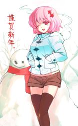Rule 34 | 1girl, ;d, black thighhighs, blush, casual, chagen kokimu, contemporary, hair ornament, hands in pockets, highres, jacket, new year, no headwear, one eye closed, open mouth, pink eyes, pink hair, saigyouji yuyuko, scarf, short hair, shorts, smile, snow, snowman, solo, thighhighs, touhou