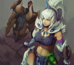 Rule 34 | 1girl, arm belt, arms at sides, belt, blue eyes, breasts, charge blade, closed mouth, collarbone, commentary request, cowboy shot, fur trim, gauntlets, glowing, hair between eyes, hairband, highres, horns, insect cage, jewelry, kirin (armor), lips, loincloth, long hair, looking to the side, medium breasts, monster hunter, monster hunter: world, monster hunter (series), navel, pendant, ponytail, satoshi1923, shield, sidelocks, single horn, smile, solo, sports bra, standing, stomach, sword, thighhighs, upper body, weapon, white hair