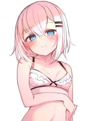 Rule 34 | 1girl, blue eyes, blush, bra, breasts, hair ornament, hairclip, highres, looking at viewer, original, otokuyou, simple background, sketch, solo, underwear, underwear only, white background, white bra, white hair