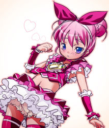 Rule 34 | 1girl, alternate hairstyle, bloomers, blue eyes, cosplay, cure melody, eyelashes, hikage eiji, houjou hibiki, magical girl, midriff, pink hair, precure, solo, suite precure, thighhighs, underwear, aged down