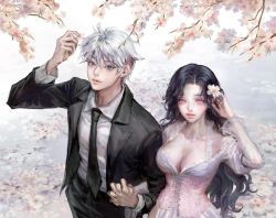 Rule 34 | 1boy, 1girl, ateli er, black hair, black necktie, black pants, blue eyes, branch, breasts, cherry blossoms, cleavage, collared shirt, dress, flower, formal, frilled dress, frills, hair flower, hair ornament, hand in own hair, highres, holding, holding hands, holding petal, interlocked fingers, korean commentary, long hair, long sleeves, looking at viewer, medium breasts, necktie, original, pants, parted lips, petals, pink eyes, shirt, short hair, smile, white hair