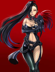Rule 34 | 10s, 1girl, @ @, armor, asymmetrical clothes, asymmetrical hair, asymmetrical legwear, asymmetrical underboob, bad id, bad pixiv id, belt, black gloves, black hair, blade &amp; soul, bodysuit, breasts, center opening, clothing cutout, earrings, eyelashes, feathers, fishnet legwear, fishnets, gauntlets, gem, gloves, gradient hair, hair over one eye, highres, jewelry, large breasts, long hair, mole, mole under eye, multicolored hair, navel, navel cutout, one eye covered, parted lips, pauldrons, pink lips, purple hair, ran yu (blade and soul), red background, red eyes, ring, rope, rumutan, scales, shoulder armor, side cutout, simple background, single bare shoulder, solo, stomach, tassel, thigh gap, underboob, uneven legwear, very long hair, weapon