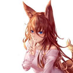 Rule 34 | 1girl, animal ear fluff, animal ears, blue eyes, blush, breasts, collarbone, fox ears, fox girl, fox tail, hair between eyes, highres, long hair, long sleeves, looking at viewer, mole, mole under eye, off-shoulder sweater, off shoulder, open mouth, orange hair, original, pink sweater, simple background, smile, solo, sweater, tail, upper body, v, white background, yuzuriha (pixiv 14248010)