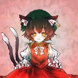Rule 34 | 1girl, animal ear fluff, blush, bow, bowtie, bright pupils, brown hair, cat tail, chen, closed mouth, cowboy shot, dress, earrings, fingernails, green hat, hat, highres, jewelry, juliet sleeves, light smile, long sleeves, looking at viewer, maki (osobabouro), mob cap, multiple tails, nail polish, nekomata, orange eyes, pink background, puffy sleeves, red dress, red nails, sharp fingernails, short hair, simple background, single earring, slit pupils, solo, tail, touhou, two tails, white bow, white bowtie