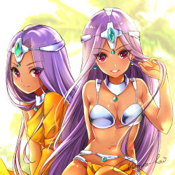 Rule 34 | 2girls, arm behind back, bare arms, bare shoulders, breasts, circlet, cleavage, dark skin, dark-skinned female, dragon quest, dragon quest iv, earrings, eyes visible through hair, gem, hand in own hair, hand up, jewelry, lips, loincloth, long hair, looking at viewer, manya (dq4), medium breasts, midriff, minea (dq4), multiple girls, navel, pelvic curtain, pink eyes, pink lips, purple hair, satochi (1122), siblings, signature, sisters, smile, straight hair, twins, very long hair