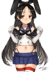 Rule 34 | 1girl, black hair, black panties, blue skirt, breasts, brown eyes, commentary, cosplay, cowboy shot, crop top, elbow gloves, gloves, hairband, high ponytail, highleg, highleg panties, kantai collection, long hair, midriff, miniskirt, navel, nisshin (kancolle), panties, pleated skirt, sailor collar, shimakaze (kancolle), shimakaze (kancolle) (cosplay), short eyebrows, simple background, skirt, small breasts, solo, striped clothes, striped thighhighs, thick eyebrows, thighhighs, thong, toka (marchlizard), underwear, very long hair, white background, white gloves
