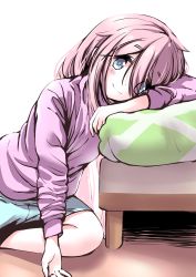 Rule 34 | 1girl, arm pillow, bed, blue eyes, blue shorts, closed mouth, commentary request, eyes visible through hair, hair between eyes, hair down, hand on ground, highres, indoors, kagamihara nadeshiko, light, light blush, long hair, long sleeves, looking at viewer, lying, mattress, n2midori, on floor, pink hair, pink sweater, shorts, smile, solo, sweater, white background, yurucamp