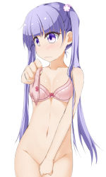 Rule 34 | 10s, 1girl, bad perspective, bad proportions, blue hair, blush, bottomless, bow, bow bra, bow panties, bra, breasts, covering privates, covering crotch, cowboy shot, flower, groin, hair flower, hair ornament, highres, hinata masaki, holding, holding clothes, holding panties, holding underwear, long hair, looking away, navel, new game!, panties, unworn panties, pink bra, pink panties, presenting removed panties, purple eyes, purple hair, small breasts, solo, suzukaze aoba, twintails, underwear, underwear only, wavy mouth