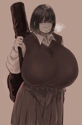 Rule 34 | 1girl, bob cut, breasts, brown background, brown hair, brown sweater vest, cowboy shot, gigantic breasts, highres, long sleeves, looking at viewer, mask, monochrome, mouth mask, pleated skirt, simple background, skirt, solo, surgical mask, sweater vest, tsukiyama ytk, wing collar