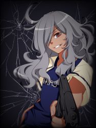Rule 34 | 1boy, crack, dark background, dark skin, dark-skinned male, evil smile, grey hair, grin, gun, hair over one eye, haizaki ryouhei, holding, holding weapon, inazuma eleven (series), inazuma eleven ares no tenbin, long hair, looking at viewer, male focus, multicolored eyes, pointing weapon, soccer uniform, solo, weapon