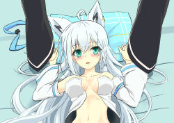 Rule 34 | 1girl, ahoge, animal ear fluff, animal ears, bed, blush, braid, breasts, collarbone, commentary, detached sleeves, earrings, fox ears, fox girl, green eyes, hair between eyes, highres, holding hands, hololive, interlocked fingers, jewelry, kagami yoshino, long hair, looking at viewer, lying, navel, on back, ookami mio, open mouth, out of frame, pillow, pov, pov hands, shirakami fubuki, shirakami fubuki (1st costume), shirt, sidelocks, single braid, small breasts, solo focus, unworn clothes, upper body, virtual youtuber, white hair, white shirt