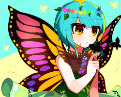 Rule 34 | 1girl, animal, antennae, aqua hair, bad id, bad pixiv id, beryllium (wintermerry), bug, butterfly, butterfly wings, dress, eternity larva, fairy, green dress, insect, insect wings, leaf, leaf on head, lowres, multicolored clothes, multicolored dress, one-hour drawing challenge, orange eyes, short hair, single strap, solo, touhou, upper body, wings