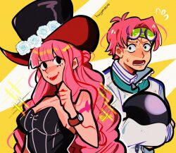 Rule 34 | 1boy, 1girl, absurdres, arm tattoo, artist name, black dress, blunt bangs, commentary, dress, english commentary, eyewear on head, flower, flying sweatdrops, green headband, hair bun, half updo, hat, headband, highres, huyandere, koby (one piece), long hair, one piece, open mouth, perona, pink hair, red lips, rose, short hair, sidelocks, strapless, strapless dress, sweatdrop, tattoo, top hat, upper body, watch, white flower, white rose, wristwatch, yellow background