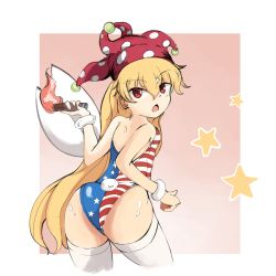 Rule 34 | 1girl, american flag, american flag print, blonde hair, clownpiece, dress, flag print, gradient background, hair between eyes, hat, highres, jester cap, leotard, no wings, pink background, pink eyes, playboy bunny, polka dot, rabbit tail, red hat, star (symbol), star print, striped clothes, striped dress, sum re1, sweat, thighhighs, torch, touhou, tray, white thighhighs
