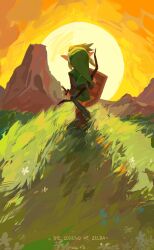 Rule 34 | 1boy, bow (weapon), copyright name, facing away, grass, green hat, green tunic, hat, highres, holding, holding shield, holding sword, holding weapon, link, nintendo, orange sky, outdoors, shield, sky, solo, standing, sun, sunset, sword, the legend of zelda, weapon, whitewood 0728