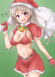 Rule 34 | 1girl, ?, anti (untea9), bell, blush, bra, breasts, christmas, cleavage, conte di cavour (kancolle), fur-trimmed headwear, fur trim, gloves, grey hair, hat, highres, kantai collection, long hair, looking at viewer, medium breasts, miniskirt, navel, open mouth, purple eyes, red hat, santa hat, skirt, solo, tagme, underwear