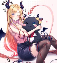 Rule 34 | 1girl, absurdres, bare shoulders, bat tattoo, black horns, blonde hair, blue eyes, blush, breast tattoo, breasts, chocolat-chan (yuzuki choco), cleavage, collarbone, demon girl, demon horns, demon tail, demon wings, garter straps, highres, hololive, horn ornament, horn ring, horns, kamishiro mai (capti-no), large breasts, long hair, looking at viewer, maid headdress, one eye closed, pointy ears, ribbon, single sidelock, skirt, sleeveless, swept bangs, tail, tattoo, thighhighs, thighs, virtual youtuber, winged heart, wings, yuzuki choco, yuzuki choco (1st costume)