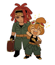 Rule 34 | 1boy, 1girl, ^ ^, antenna hair, arm behind head, bag, behind another, black footwear, black shirt, breasts, briefcase, brown gloves, brown hair, closed eyes, cookie run, cookie run: ovenbreak, croissant cookie, deformed, double-parted bangs, dreadlocks, ear piercing, eyebrow cut, eyes visible through hair, eyewear on head, facing viewer, frown, full body, gloves, goggles, green pants, green shirt, half-closed eyes, height difference, hjoe8, holding, holding bag, holding briefcase, holding wrench, humanization, leaning to the side, looking ahead, medium hair, no nose, open mouth, pants, piercing, polar opposites, red hair, sanpaku, scar, scar on arm, shirt, simple background, small breasts, standing, string gummy cookie, teeth, topknot, upper teeth only, white background, wrench