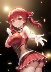 Rule 34 | 1girl, gloves, highres, hololive, houshou marine, jackmiho, looking at viewer, red eyes, red hair, short hair, short twintails, smile, solo, twintails, virtual youtuber, white gloves, yellow eyes