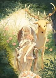 Rule 34 | 1girl, antlers, bare legs, barefoot, bouquet, breasts, bush, commentary, deer, dress, flower, full body, grass, hair between eyes, hair flower, hair ornament, highres, holding, holding bouquet, horns, leaf, long hair, looking at viewer, off-shoulder dress, off shoulder, open mouth, original, outdoors, pink flower, plant, short sleeves, signature, sitting, small breasts, smile, solo, sumi 0525, teeth, tree, upper teeth only, very long hair, vines, white dress, white hair, wooden chair, yellow eyes