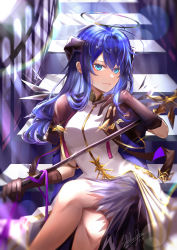 Rule 34 | 1girl, absurdres, arknights, blue eyes, blue hair, breasts, halo, highres, holding, holding staff, crossed legs, light smile, looking at viewer, medium breasts, mostima (arknights), mostima (spellbreaker) (arknights), official alternate costume, philosophia, sitting, solo, staff