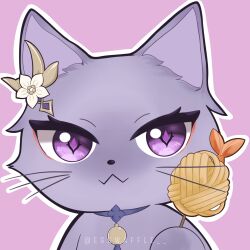 Rule 34 | :3, animalization, cat, choker, commentary request, food, genshin impact, golden shrimp balls (genshin impact), hair ornament, highres, holding, holding food, keqing (genshin impact), kwek kwek, looking at viewer, no humans, purple background, purple choker, purple eyes, simple background, upper body, whiskers