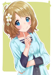 Rule 34 | 1girl, ahoge, blue shirt, blush, breasts, brown hair, clothing request, collarbone, commentary request, copyright request, dot nose, flower, green background, hair flower, hair ornament, koukoku, shirt, short hair, small breasts, smile, solo, white flower