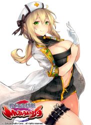 Rule 34 | 1girl, adjusting clothes, adjusting gloves, blonde hair, blush, breasts, cleavage, cleavage cutout, clothing cutout, cross, female focus, floral print, gloves, green eyes, hat, holster, inayama, lab coat, large breasts, long hair, looking at viewer, luis almeida (sengoku bushouki muramasa), midriff, navel, ponytail, scissors, sengoku bushouki muramasa, smile, solo, thigh holster, turtleneck, white gloves