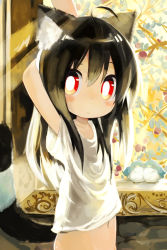 Rule 34 | 1girl, ahoge, animal ears, arm behind head, bird, black hair, bright pupils, cat ears, cat tail, long hair, looking at viewer, navel, original, out-of-frame censoring, paprika shikiso, red eyes, smile, solo, tail, white pupils