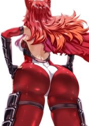 Rule 34 | 1girl, aiyana (brad), animal ears, armor, ass, ass focus, bare shoulders, bodysuit, breasts, capelet, commission, from behind, from below, hands on own hips, huge ass, long hair, red hair, shiny clothes, shiny skin, sideboob, solo, thigh strap, uenoryoma