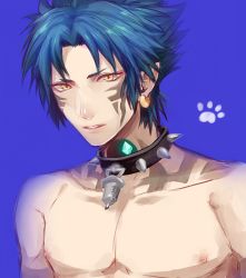 Rule 34 | 10s, 1boy, bad id, bad pixiv id, blue background, blue hair, collar, dramatical murder, earrings, jewelry, male focus, paw print, pointy ears, ren (dramatical murder), solo, spiked collar, spikes, tattoo, topless male, yellow eyes, yuta arata