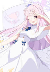 Rule 34 | 1girl, angel wings, arm up, blue archive, blue bow, blue ribbon, blush, bow, breasts, capelet, crescent, dress, feathered wings, flower, hair bun, hair flower, hair ornament, halo, highres, long hair, looking at viewer, medium breasts, mika (blue archive), one eye closed, open mouth, pink hair, ribbon, salute, simple background, single hair bun, sleeveless, sleeveless dress, smile, solo, two-finger salute, upper body, white dress, wings, yellow eyes, zundamochi (pixiv13535730)