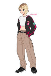 Rule 34 | 1girl, animification, asymmetrical hair, belt, black footwear, blue eyes, breasts, cargo pants, casual, character name, crop top, female focus, full body, gwen stacy, hands in pockets, highres, jacket, letterman jacket, long sleeves, looking at viewer, marvel, midriff, navel, okada (hoooojicha), open clothes, open jacket, pants, shirt, shoes, short hair, simple background, small breasts, smile, sneakers, solo, spider-man: into the spider-verse, spider-man (series), spider-verse, standing, undercut, white background, white shirt