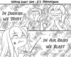 Rule 34 | 2koma, 3girls, :d, abyssal ship, aircraft carrier oni, anchor symbol, anger vein, blush, clenched teeth, comic, commentary, controller, double ok sign, english commentary, english text, greyscale, guin guin, hair between eyes, hair ribbon, hands on own face, hands up, hatsuzuki (kancolle), holding, kantai collection, monochrome, multiple girls, ok sign, one side up, open mouth, remote control, ribbon, safety glasses, sailor collar, school uniform, serafuku, short sleeves, smile, suzutsuki (kancolle), teeth, two side up