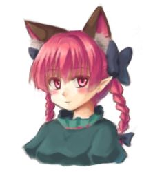 Rule 34 | 1girl, animal ears, blush, bow, braid, cat ears, cropped torso, dress, extra ears, hair bow, isaki (gomi), kaenbyou rin, light smile, long hair, looking at viewer, lowres, pointy ears, red eyes, red hair, simple background, solo, touhou, twin braids, upper body, white background