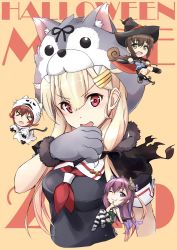 Rule 34 | 4girls, animal hands, animal hood, black cape, black headwear, black ribbon, black scarf, black serafuku, blonde hair, cape, cat hood, chibi, commentary request, demon horns, fang, fubuki (kancolle), fubuki kai ni (kancolle), ghost costume, gloves, hair flaps, hair ornament, hairclip, hat, highres, hood, horns, kantai collection, kisaragi (kancolle), long hair, looking at viewer, mini person, minigirl, minosu, multiple girls, mutsuki (kancolle), neckerchief, open mouth, orange background, pantyhose, paw gloves, red eyes, red neckerchief, ribbon, scarf, school uniform, serafuku, solo focus, staff, striped clothes, striped legwear, striped pantyhose, text background, thighhighs, two-tone background, upper body, witch hat, wolf hood, yuudachi (kancolle), yuudachi kai ni (kancolle)