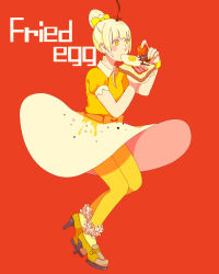 Rule 34 | 1girl, bacon, bad id, bad pixiv id, blonde hair, blouse, blush, bow, bracelet, bread slice, earrings, egg, egg (food), english text, food, food-themed clothes, fried egg, fried egg on toast, frilled socks, frills, full body, hair bow, hair bun, high heels, highres, jewelry, nail polish, original, pantyhose, personification, red background, shioka, shirt, shoes, simple background, single hair bun, skirt, socks, solo, toast, yellow eyes, yellow socks