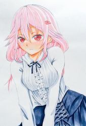 Rule 34 | 10s, 1girl, alternate costume, bad id, bad pixiv id, blush, breasts, center frills, frills, gradient background, guilty crown, hair ornament, hairclip, long hair, long sleeves, looking at viewer, marker (medium), meme attire, pink hair, red eyes, ruchi a, sarina (tosiyukiryousuke), skirt, solo, traditional media, twintails, virgin killer outfit, yuzuriha inori