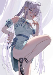 Rule 34 | 1girl, ahoge, black footwear, blue dress, blue ribbon, blush, breasts, brown eyes, china dress, chinese clothes, copyright request, dress, earrings, eyebrows hidden by hair, finger to cheek, hair between eyes, hair ornament, highres, jewelry, long hair, looking at viewer, nail polish, parted lips, pink nails, purple hair, ribbon, sleeveless, sleeveless dress, small breasts, solo, standing, standing on one leg, subachi, thighs, twintails, very long hair
