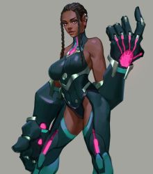 Rule 34 | 1girl, bad id, bad twitter id, black eyes, black hair, braid, breasts, come at me bro, commentary, cornrows, cowboy shot, dark-skinned female, dark skin, ear piercing, english commentary, highres, ian su, impossible clothes, impossible leotard, large breasts, leotard, lips, mechanical arms, nose, original, oversized forearms, oversized limbs, piercing, power suit, side braids, solo, twin braids, very dark skin