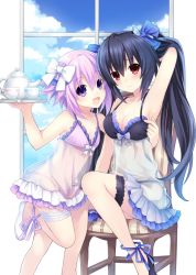 Rule 34 | 2girls, :d, arm behind head, armpits, babydoll, bare shoulders, black hair, blue bow, blush, bow, breasts, cleavage, cup, frown, hair bow, highres, holding, holding tray, long hair, looking at viewer, medium breasts, multiple girls, neptune (neptunia), neptune (series), noire (neptunia), official art, open mouth, purple eyes, purple hair, red eyes, see-through, short hair, sitting, smile, spaghetti strap, standing, standing on one leg, teacup, teapot, thigh strap, tray, tsunako, twintails, very long hair, white bow