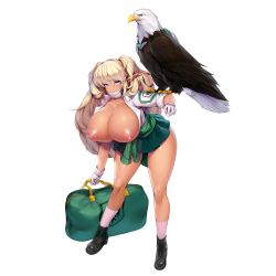 Rule 34 | 1girl, animal, animal on arm, bag, bald eagle, bird, bird on arm, blonde hair, blush, breasts, breasts out, cleavage, closed mouth, clothes around waist, curvy, dark elf, dark elven forest ranger, dark skin, eagle, elf, feathers, full body, ganguro, gloves, green skirt, gyaru, highres, holding, holding bag, huge breasts, kogal, last origin, legs, legs apart, long hair, looking at viewer, mask, miniskirt, mouth mask, nipples, official art, pointy ears, purple eyes, shoes, skirt, socks, standing, sweater, sweater around waist, thighs, third-party edit, transparent background, two side up, white gloves