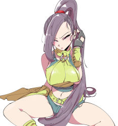 Rule 34 | 1girl, belt, black gloves, black hair, breasts, dragon quest, dragon quest xi, fingerless gloves, gloves, kafun, long hair, looking at viewer, martina (dq11), midriff, navel, ponytail, purple eyes, shorts, simple background, sitting, sleeveless, solo, spread legs, very long hair, white background