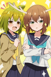 2girls absurdres bashame_meme blue_sailor_collar brown_eyes brown_hair brown_jacket deer_girl green_eyes green_hair highres horns hosinonana jacket long_sleeves multiple_girls neckerchief necktie open_mouth pixiv sailor_collar school_uniform serafuku shikanoko_noko shikanoko_nokonoko_koshitantan shirt short_hair simple_background skirt white_shirt yellow_background yellow_necktie